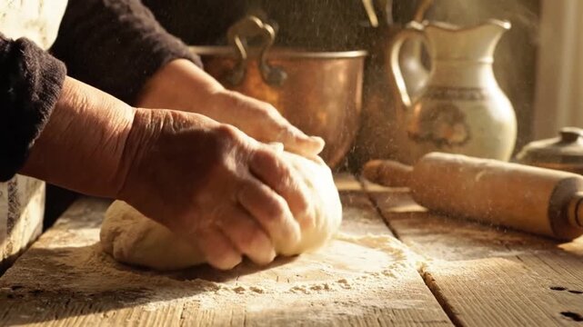 Person kneading dough on a wooden table with a copper pot and ceramic jug nearby, depicted in a warm, rustic, and realistic style, evoking a sense of traditional baking in a cozy, homely atm