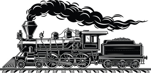 Black and white steam locomotive train vector illustration with vintage railway engine and smoke isolated on light background © MstMorshida