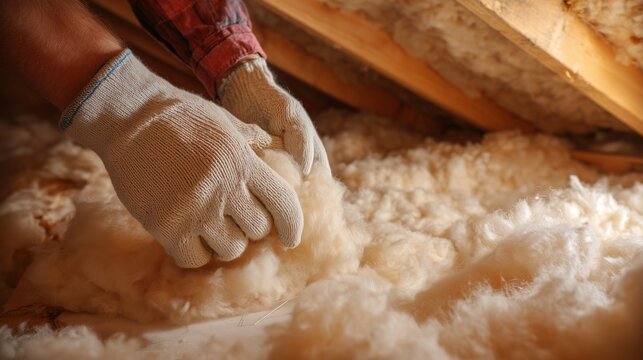 Worker hand installing fiberglass batt insulation in attic for improved energy efficiency and thermal barrier.