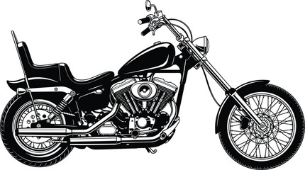 Black and white chopper motorcycle vector illustration with detailed engine, classic cruiser style, isolated on light background for stock design © MstMorshida