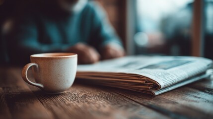 Morning Ritual - Coffee and Newspaper on Wooden Table.