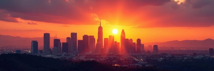 Fototapeta premium Sunrise paints LA skyline gold, skyscrapers silhouetted , beams, rays, concrete jungle