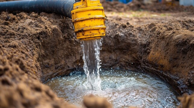 Worker pumping sewage from a septic tank using a hose and vacuum pump, septic system maintenance and waste extraction scene.