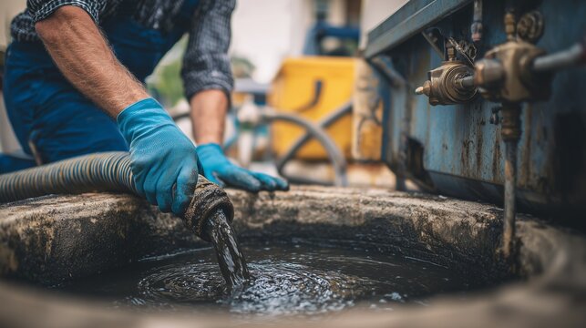 Worker using hose and glove to extract sewage from a septic tank opening, showing tank rim, sludge and pumping equipment, representing septic system maintenance.