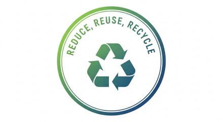 Recycling symbol with 'reduce reuse recycle' text in green gradient circle on white background
