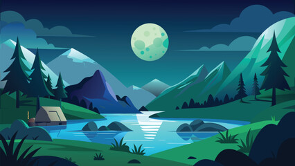 A stylized nighttime landscape featuring mountains a river and a bright full moon high quality professional © CreativeKamrul