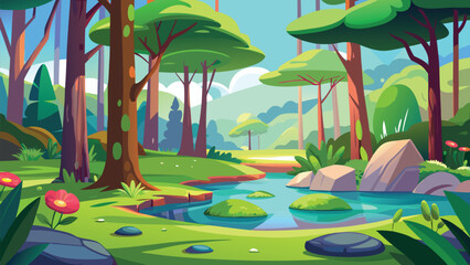 A vibrant cartoon style forest scene featuring a winding stream and lush green vegetation high quality © CreativeKamrul