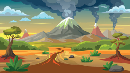 A vibrant cartoon illustration depicts erupting volcanoes flowing lava and a prehistoric landscape high quality professional © CreativeKamrul