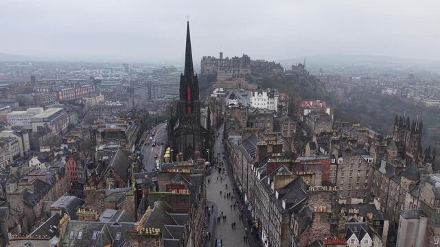 Aerial View Drone shot of Royal Mile, Edinburgh Castle, Old Town, Scott Monument, Edinburgh,  Scotland, United Kingdom