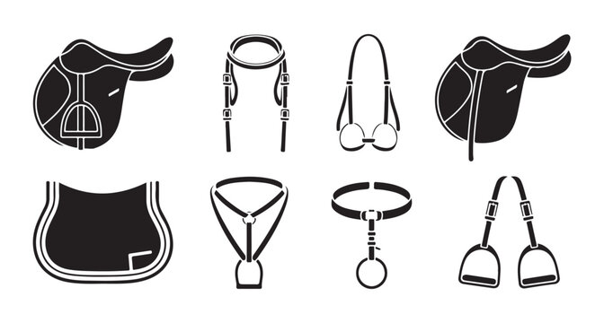 Collection of equestrian equipment saddles bridles stirrups girths black and white