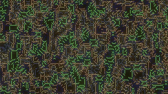 A vibrant digital illustration of circuit board patterns with green and orange lines on a dark background, ino 50