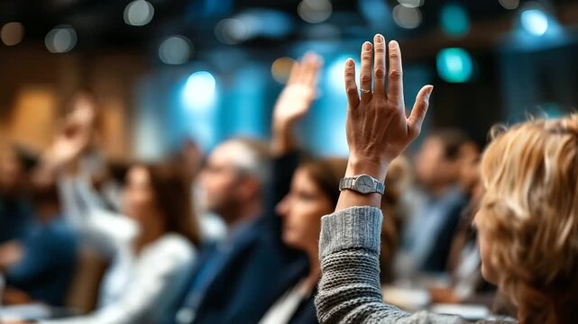 Defocused active participation at conference with attendees raising hands, blurred seminar question or voting scene, with copy space