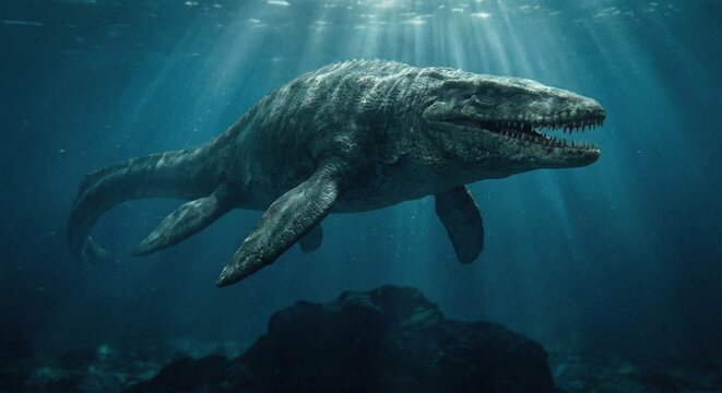 Ancient Mosasaurus Predator Swims Through Deep Blue Ocean Waters With Sunlight Rays Piercing From Above Depicting Prehistoric Marine Life