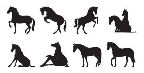 Set of eight black horse silhouettes depicting various dynamic and resting poses on white background © Farik