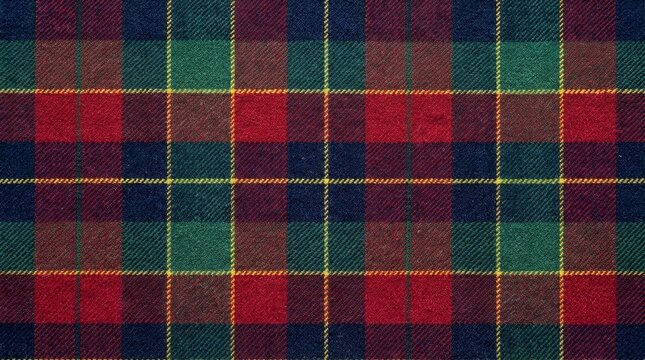 Rich red, green, blue, and yellow tartan fabric texture displays a classic Scottish plaid pattern for textile backgrounds.