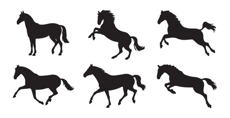 Set of six black horse silhouettes showcasing various dynamic poses including standing, rearing, and galloping © Farik