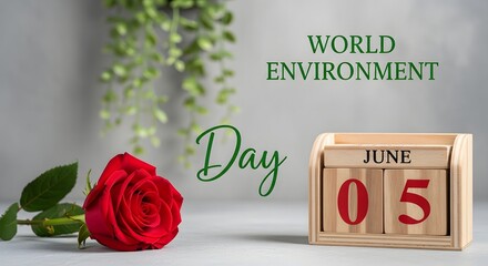 World Environment Day June 5 Elegant Awareness Design with Wooden Calendar Blocks and Red Rose