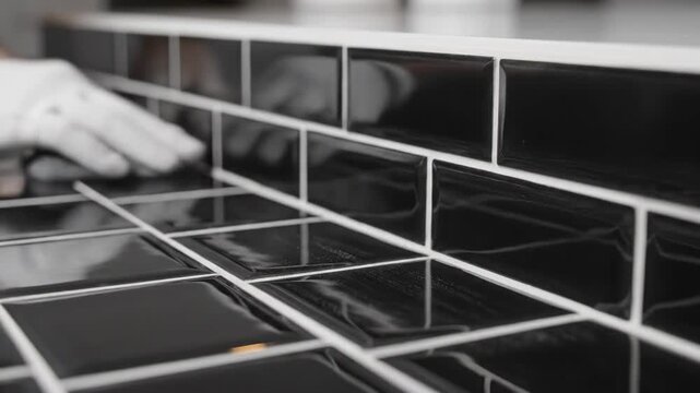 Hand in white glove cleans black glossy tiles along a countertop edge, revealing shiny surfaces and contrasting grout lines in a modern kitchen setting