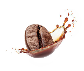 Coffee bean in splashes close-up isolated on a white background. Generative AI