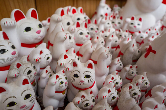 Close perspective of numerous white lucky cat statues with red details, tightly clustered together at Gotokuji Temple in Tokyo. The image shows a dense arrangement, playful expressions, and soft