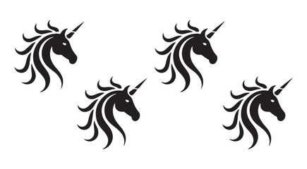 Four stylized unicorn head silhouettes with flowing manes and horns isolated on white background © Farik