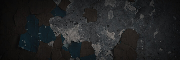 Dark wide panoramic background. Peeling paint on a concrete wall. Dark grunge texture of old cracked flaking paint. Weathered rough painted surface. Patterns of cracks. Darkness background for design.