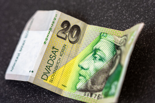 20 Slovak koruna banknote on dark background. Former Slovak currency (SKK) used before euro adoption in 2009. Close up view of historical paper money.