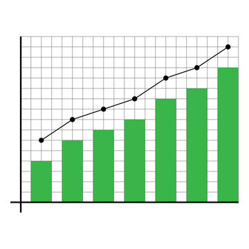 Increasing green bar chart and upward trend line with black data points on a coordinate grid representing financial success or business growth