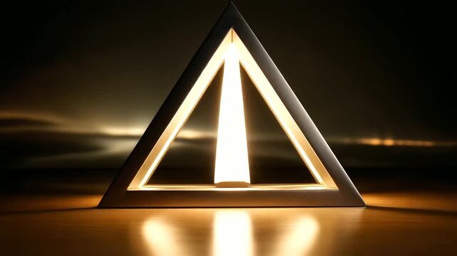 Mysterious triangle object illuminated in darkness showcasing unique forms and shapes in abstract visual design, geometric shadow play, with copy space