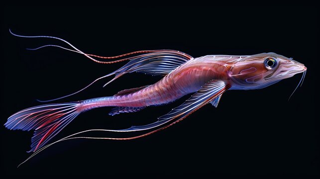 Ethereal oarfish with flowing fins, digital painting, deep sea creature, bioluminescence