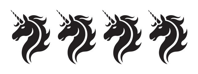 Magical unicorn head vector set featuring four black profile silhouettes of mythical creatures on white art © Farik