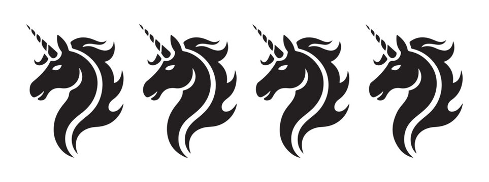 Magical unicorn head vector set featuring four black profile silhouettes of mythical creatures on white art