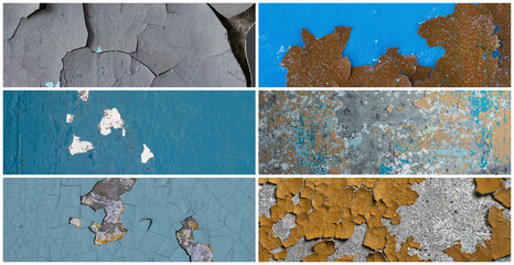 Set of peeling paint textures. Old concrete walls with cracked flaking paint. Weathered rough painted surfaces with patterns of cracks and peeling. Collection of panoramic backgrounds for design.