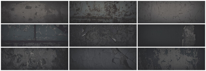 Set of dark panoramic background textures. Collection of wide textures with peeling paint, cracks, scratches, noise and grain. Faded rough surfaces of old walls. Bundle of gray backgrounds for design.
