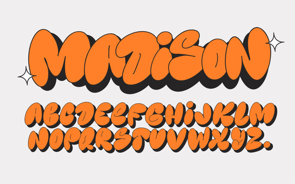 Graffiti bubble lettering alphabet set, funky balloon shaped organic font in retro style for posters, apparel and urban design