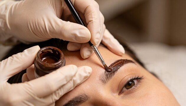Woman undergoing eyebrow tinting procedure. Cosmetologist applies brown henna to enhance eyebrow shape and color. Beauty salon treatment, face care.