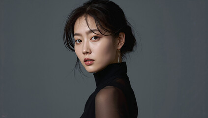 Naklejka premium 冬のクールトーンで撮影した黒いシースルー服の日本人女性ポートレート