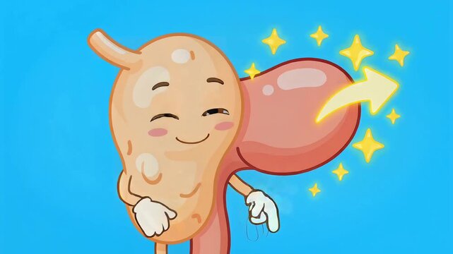 A cartoon pancreas character happily waving beside a glowing kidney illustration on a blue background from a front viewpoint