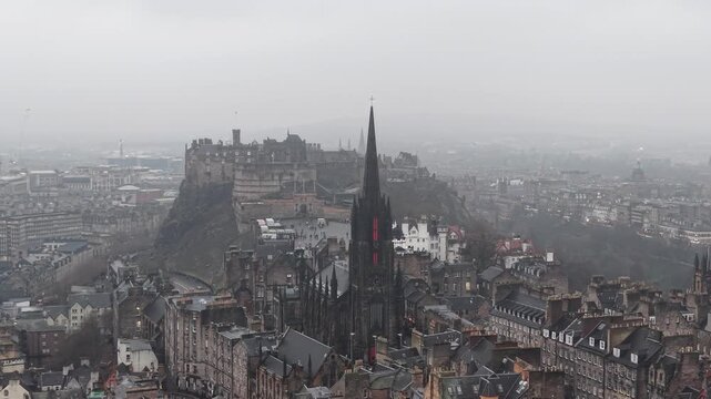 Aerial View Drone shot of Royal Mile, Edinburgh Castle, Old Town, Scott Monument, Edinburgh,  Scotland, United Kingdom