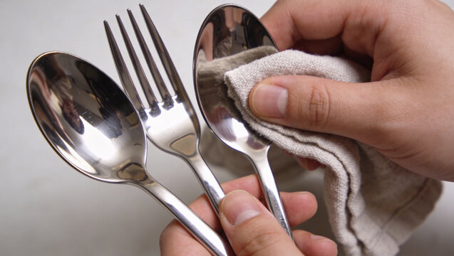 Person cleaning silverware with a cloth, focusing on a spoon and fork, from a close-up viewpoint