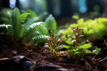 Lush green and red plants emerging from rich soil on a vibrant forest floor