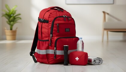 Fototapeta premium A durable red emergency backpack filled with essential survival items and a first aid kit for earthquake preparedness concept