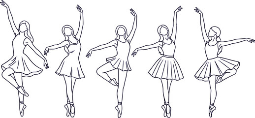 Ballerina dancers line art collection, ballet poses vector illustration isolated elegant female dance outline on white background © Hello World