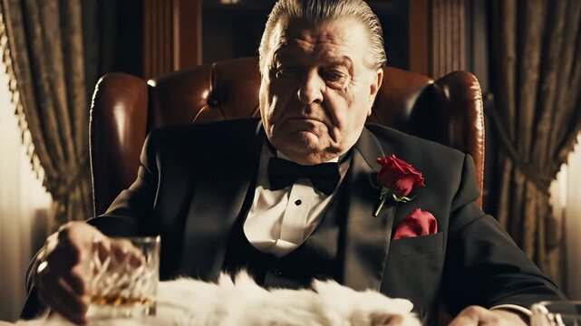 A man in a tuxedo sits at a table with a white cat resting on it. The man gently pets the cat, while two glasses sit nearby, highlighting an atmosphere of calm companionship.