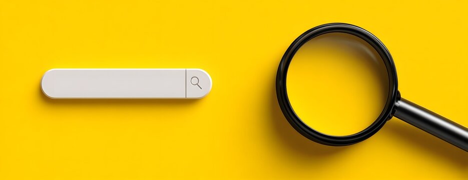 Magnifying glass placed next to white search bar on yellow background represents digital marketing strategy search engine optimization internet browsing data analysis and information retrieval