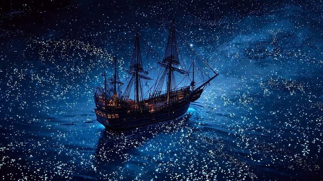 Sailing ship in starry night sky
