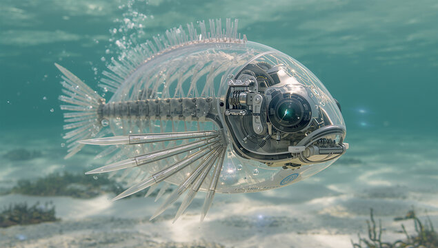 浅瀬の海中で浮遊するフグ型スケルトンロボット魚の近未来3DCG