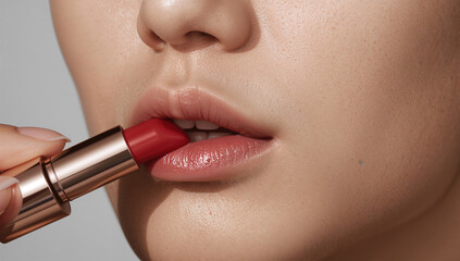 メイク手元でチェリーレッド口紅を塗る男性の唇マクロ写真