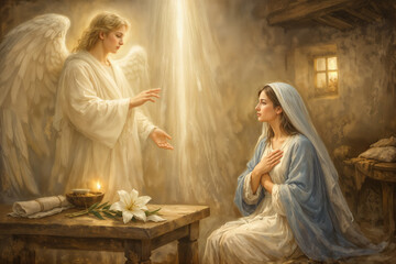Naklejka premium Feast of the Annunciation Archangel Gabriel announces incarnation to Mary of Nazareth devotional Christian sacred art concept for Catholic and Orthodox celebration liturgical feast