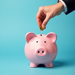 Hand Inserting Coin into a Pink Piggy Bank Against a Blue Background